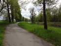 Jarní pravobřežní zpevněná cesta po pravém břehu Odry nad železničním mostem nedaleko stanice Ostrava – Svinov.